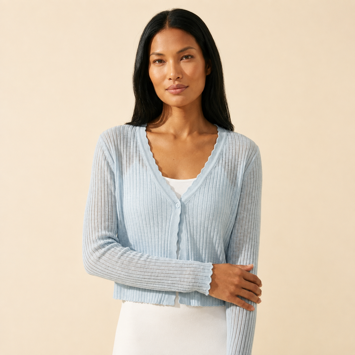 Lightweight Ribbed Knit Button-Up Cardigan for Women — Blue