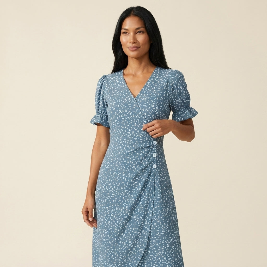 Women's Floral Midi Dress | Elegant V-Neck Summer Style — Blue