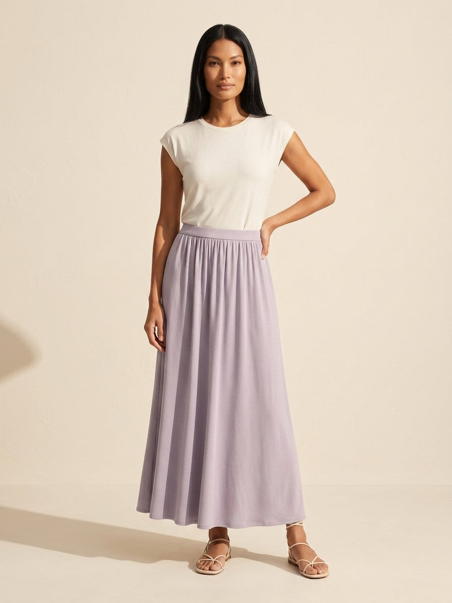 Soft Linen Knit Maxi Skirt: A-Line, Gathered, & Pockets — Blue Lilac