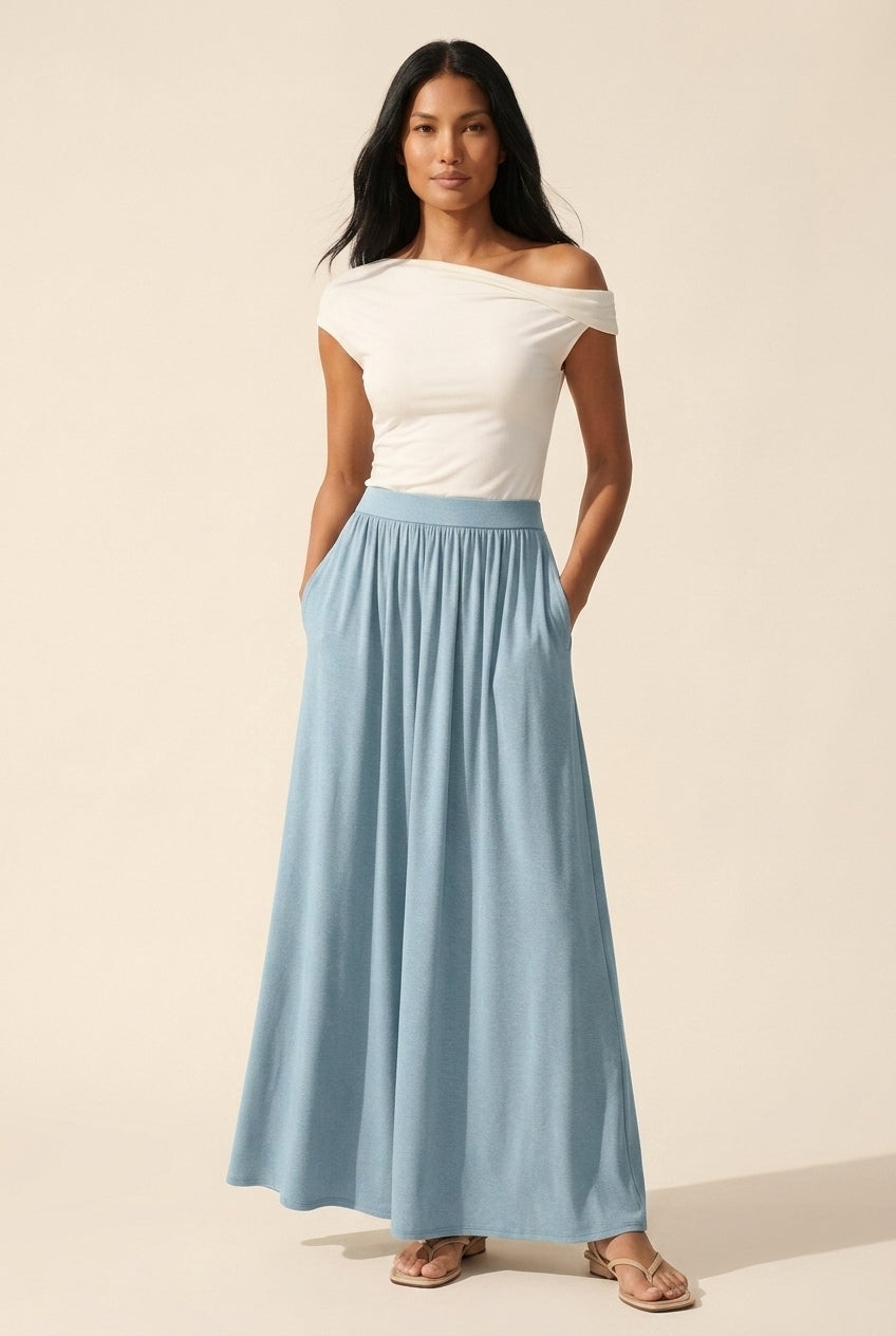 Soft Linen Knit Maxi Skirt: A-Line, Gathered, & Pockets — Blue Petal