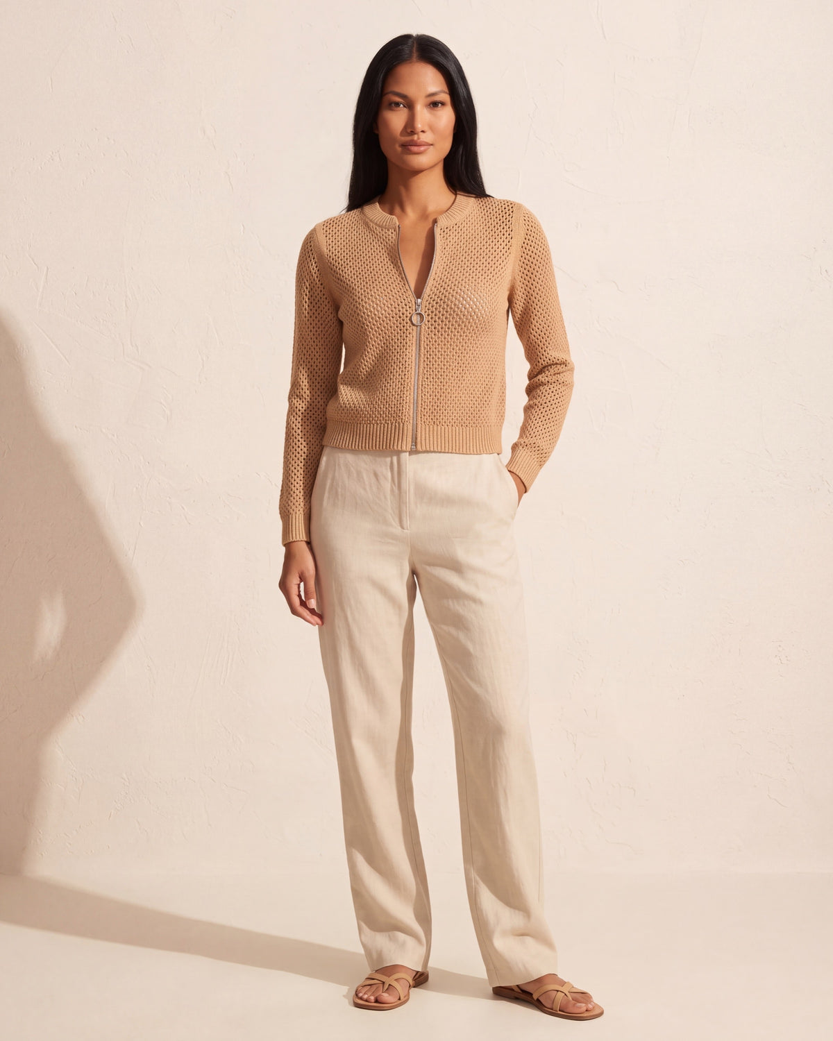 Versatile Zip Front Mesh Cardigan | Lightweight Summer Layering — Caramel