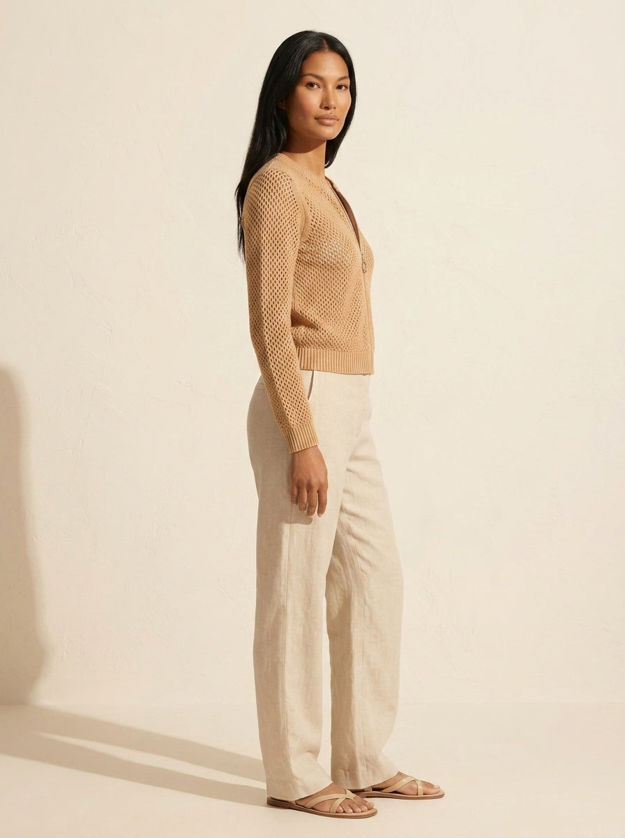 Versatile Zip Front Mesh Cardigan | Lightweight Summer Layering — Caramel