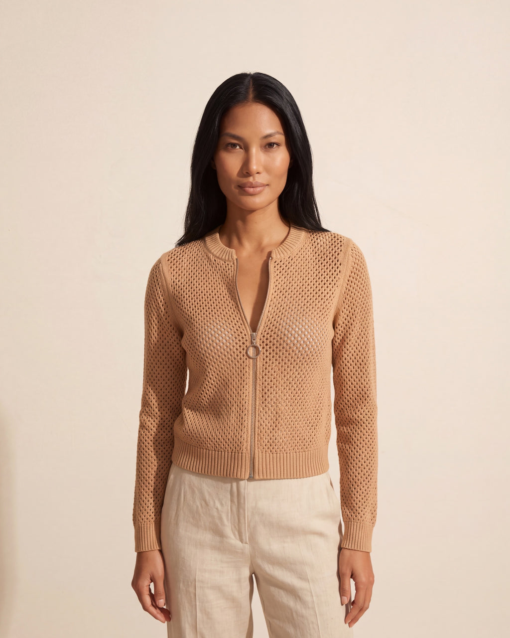 Versatile Zip Front Mesh Cardigan | Lightweight Summer Layering — Caramel