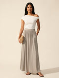 Soft Linen Knit Maxi Skirt: A-Line, Gathered, & Pockets — Dark Alabaster