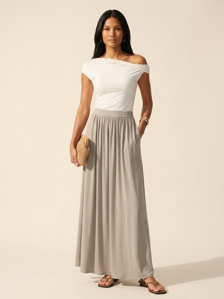 Soft Linen Knit Maxi Skirt: A-Line, Gathered, & Pockets — Dark Alabaster