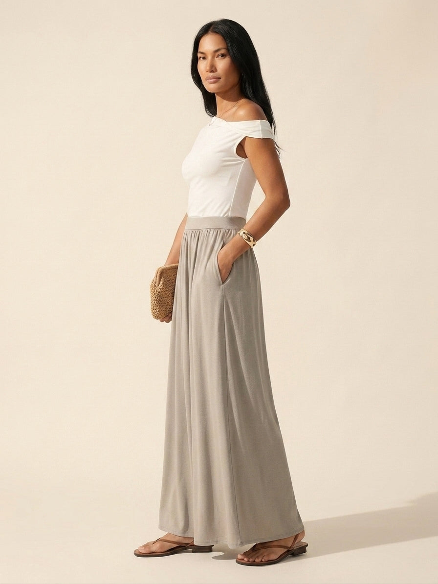 Soft Linen Knit Maxi Skirt: A-Line, Gathered, & Pockets — Dark Alabaster