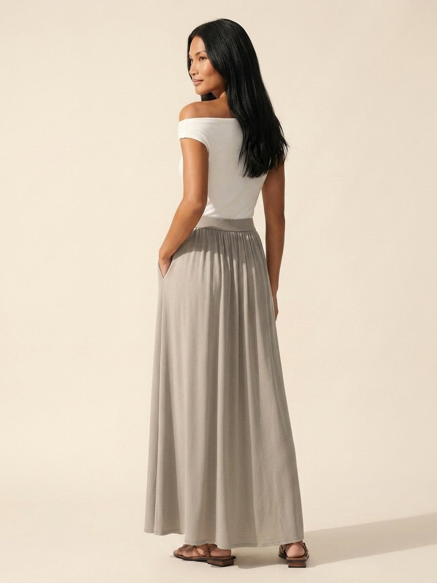 Soft Linen Knit Maxi Skirt: A-Line, Gathered, & Pockets — Dark Alabaster
