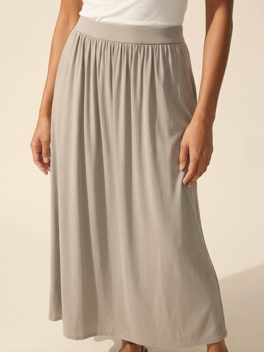 Soft Linen Knit Maxi Skirt: A-Line, Gathered, & Pockets — Dark Alabaster