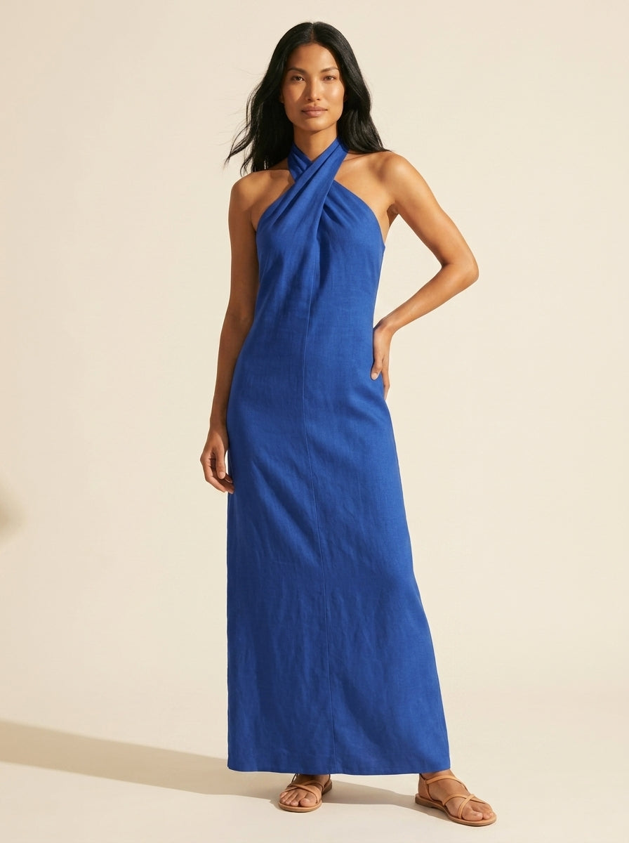 Bohemian Halter Maxi Dress - Flowy Linen Blend Summer Style — Dark Blue