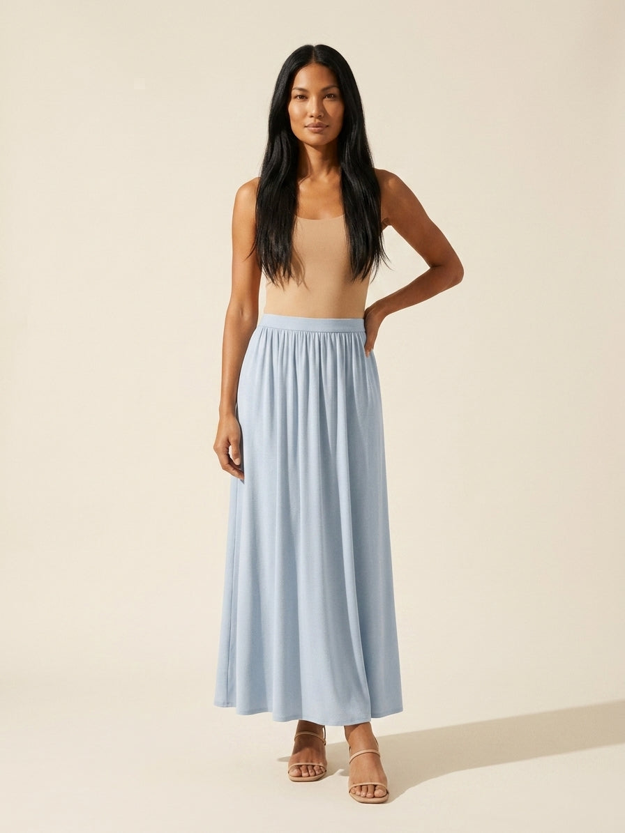 Soft Linen Knit Maxi Skirt: A-Line, Gathered, & Pockets — Dew Sky