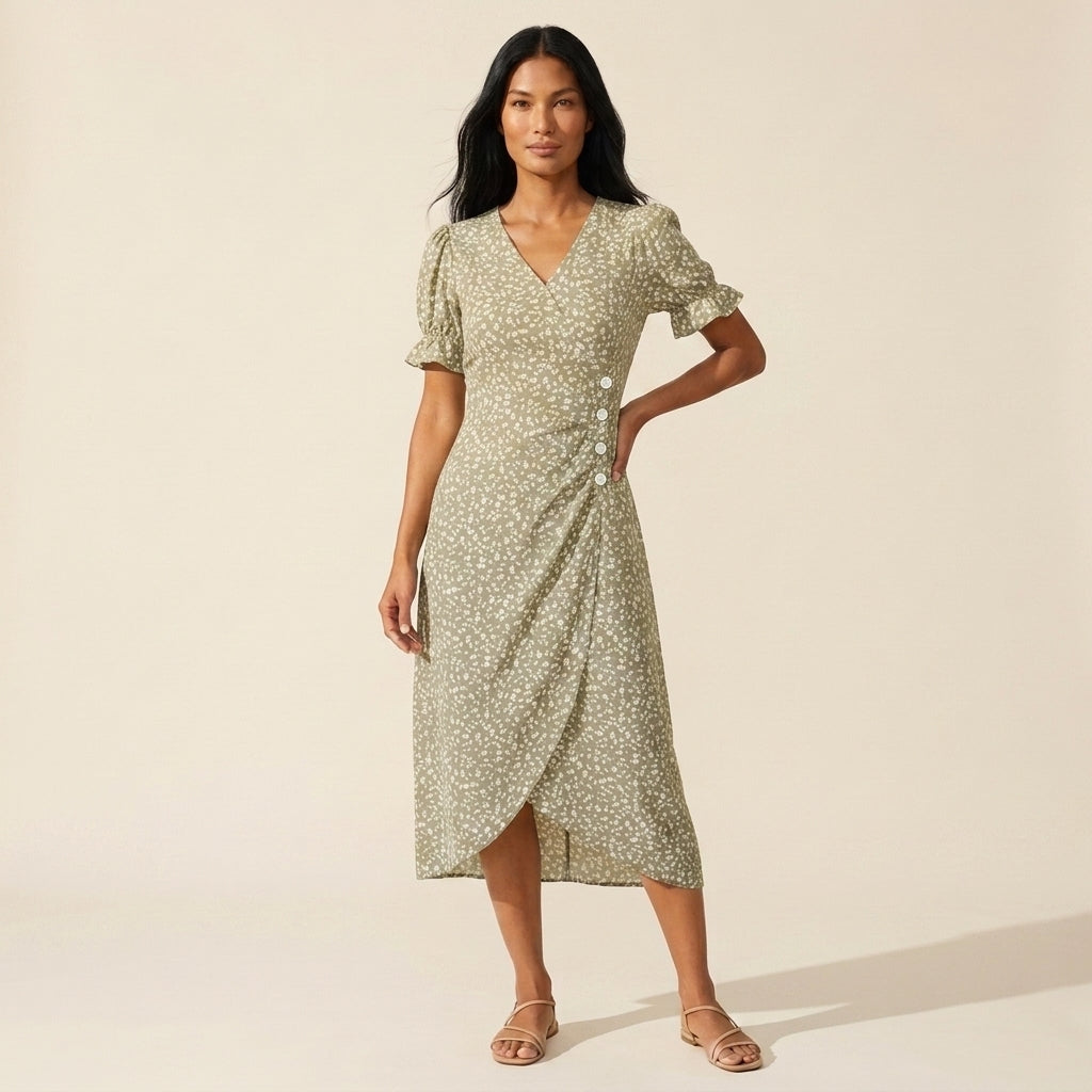 Women's Floral Midi Dress | Elegant V-Neck Summer Style — Gold