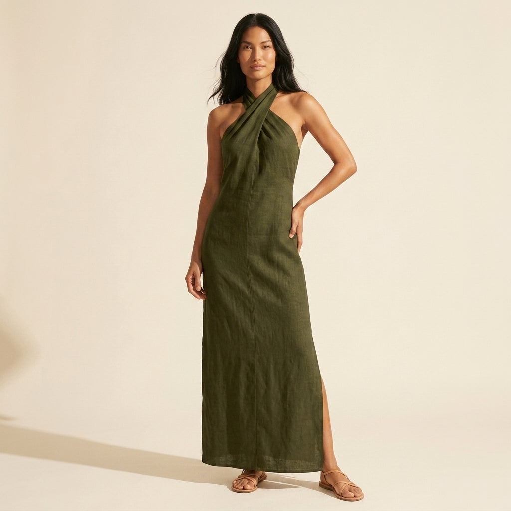 Bohemian Halter Maxi Dress - Flowy Linen Blend Summer Style — Green