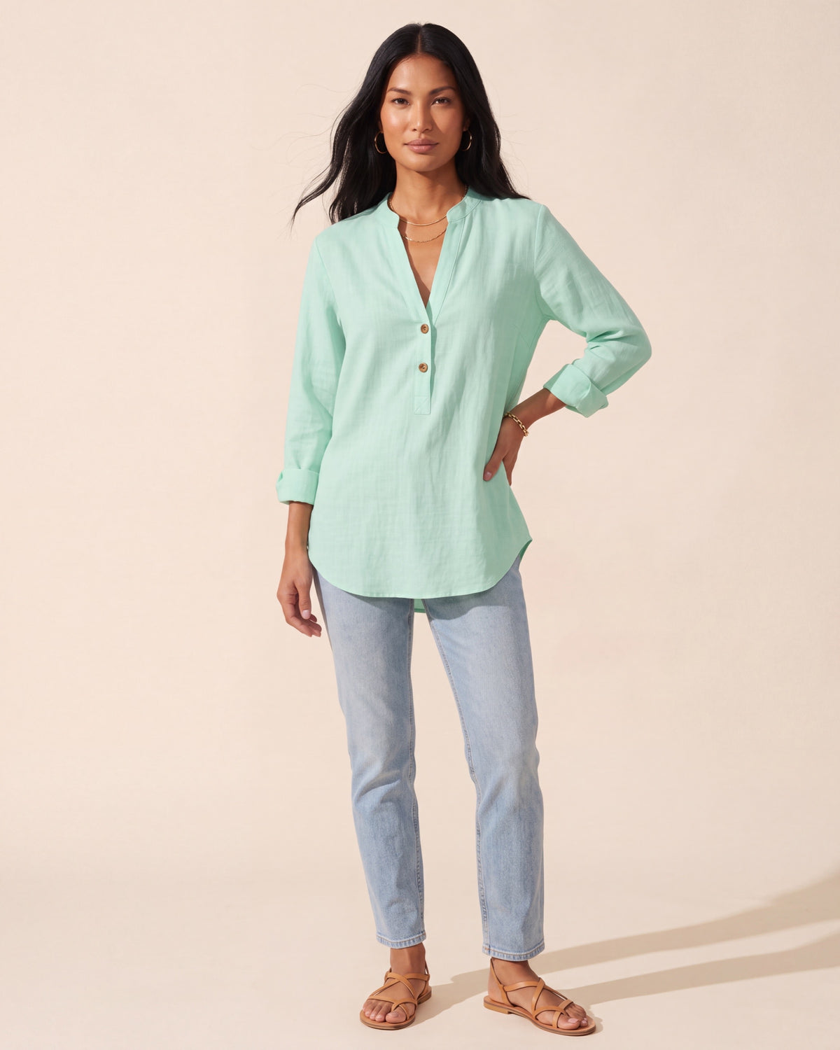 Women's Breathable Linen Blend Blouse - Relaxed Fit Top — Green