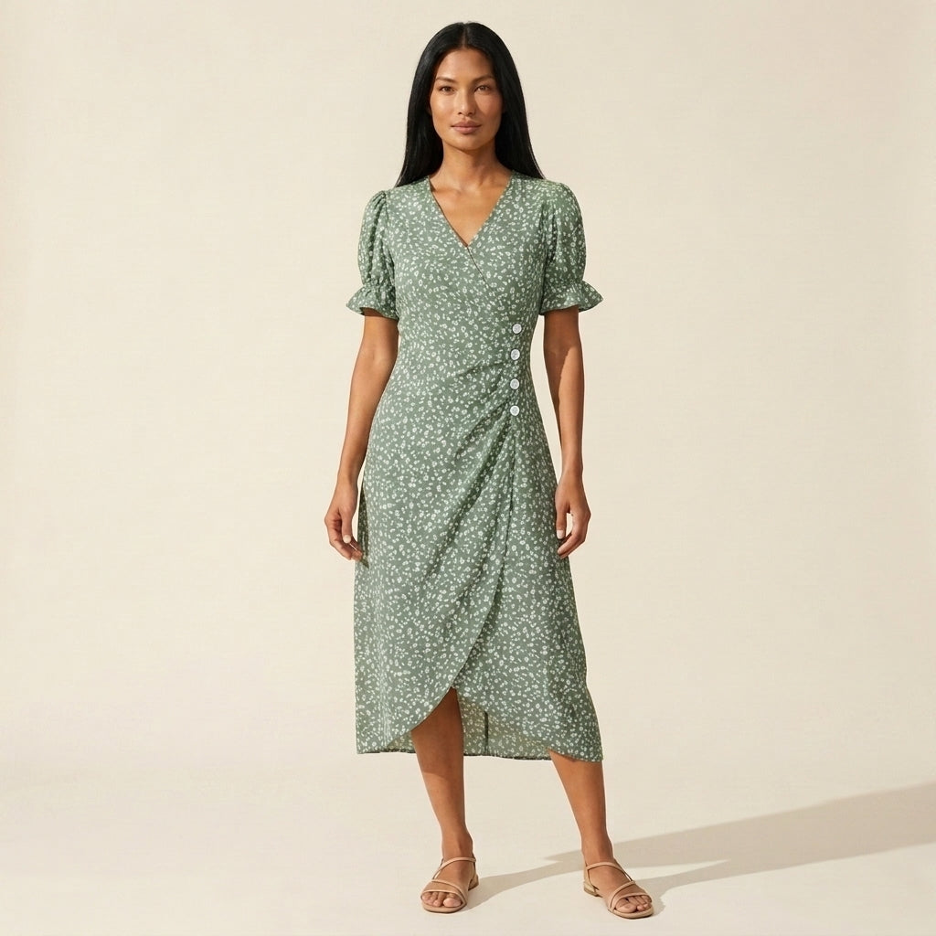 Women's Floral Midi Dress | Elegant V-Neck Summer Style — Green