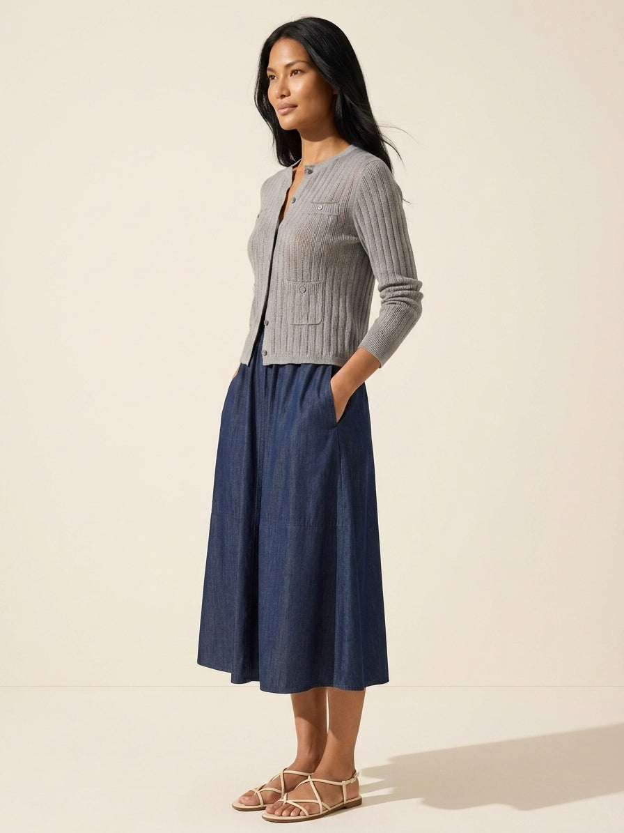 Pointelle Pocket Cardigan for Women - Soft Knit Layer — Grey Heather