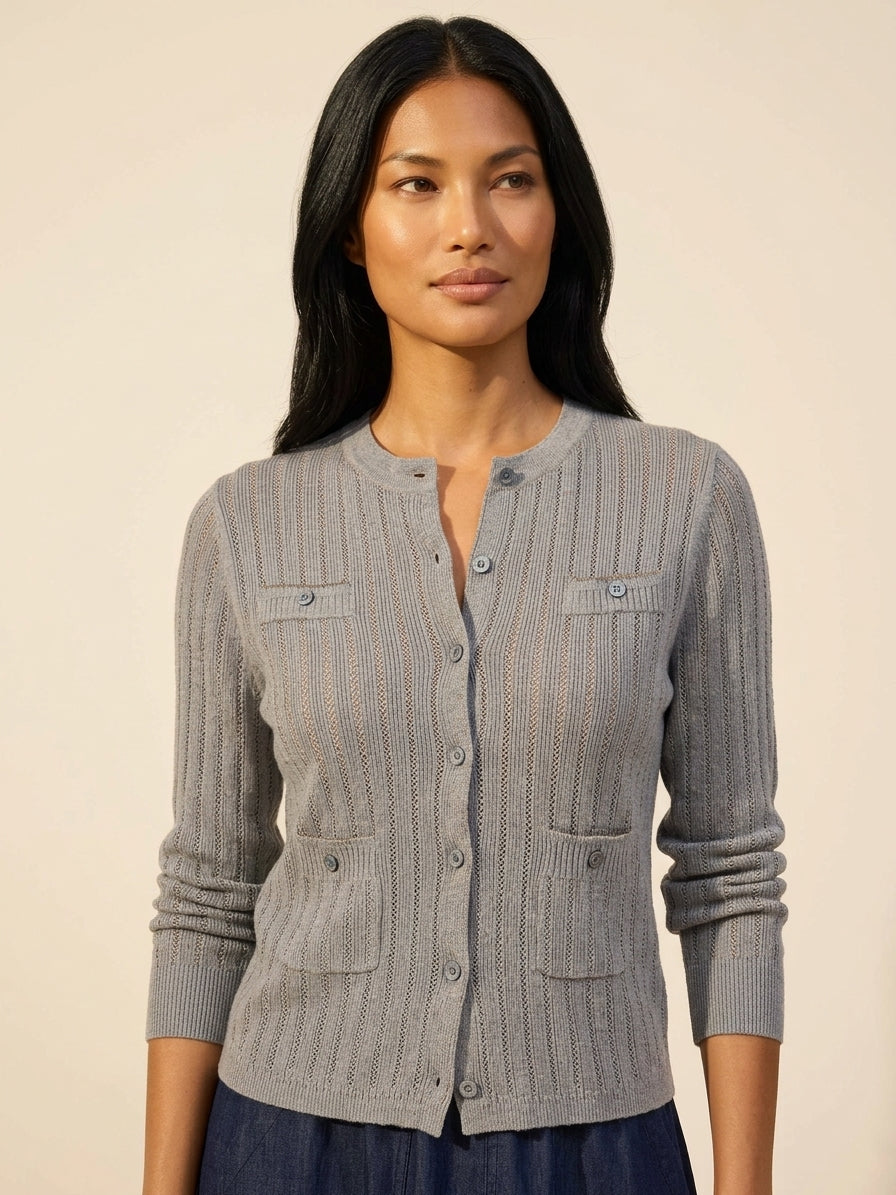 Pointelle Pocket Cardigan for Women - Soft Knit Layer — Grey Heather