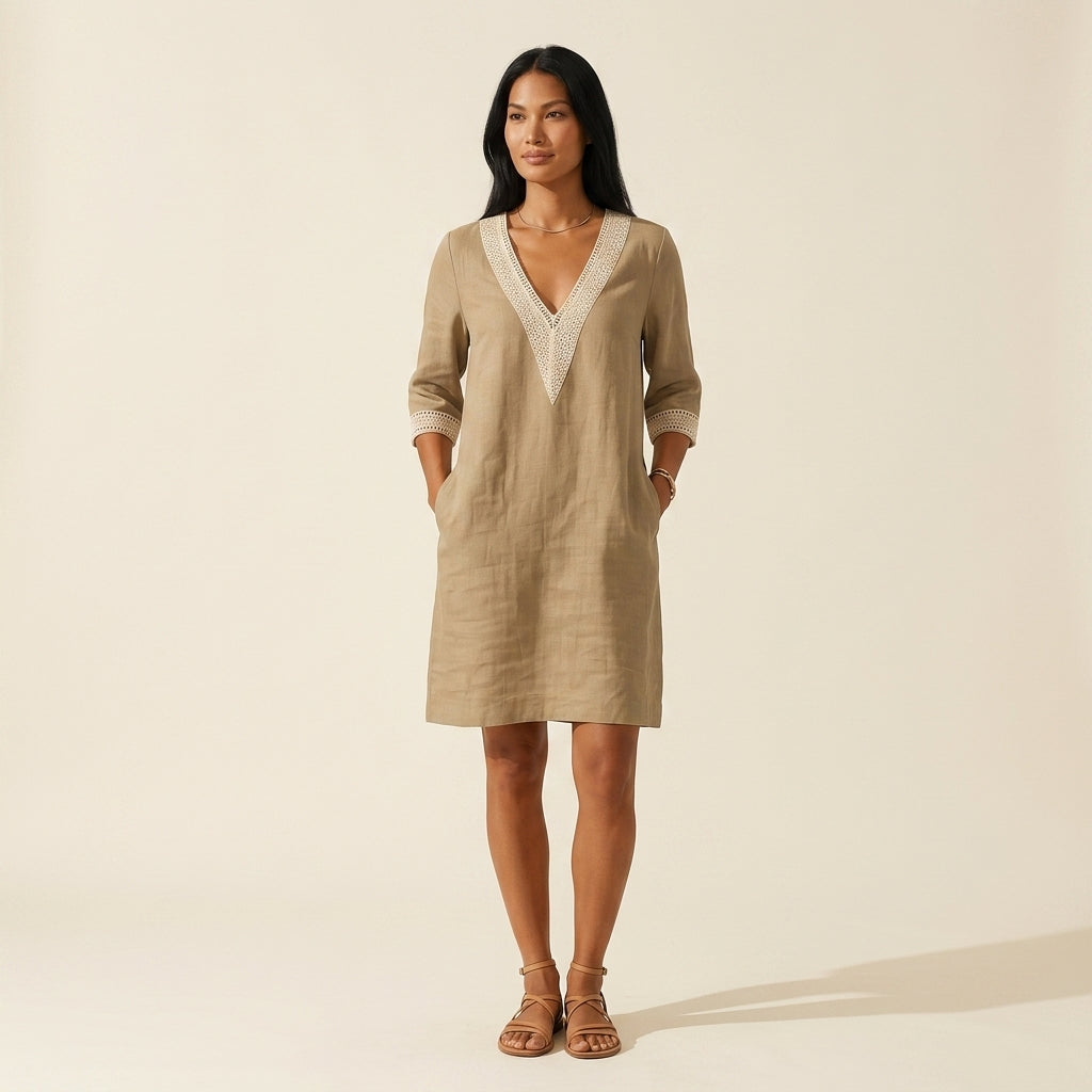 Women's Linen Midi Summer Dress - Breathable & Stylish — Khaki