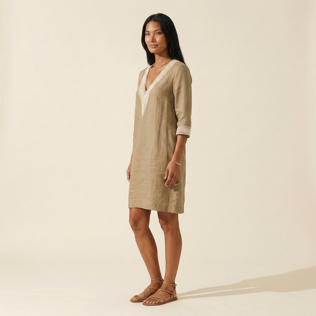 Women's Linen Midi Summer Dress - Breathable & Stylish — Khaki