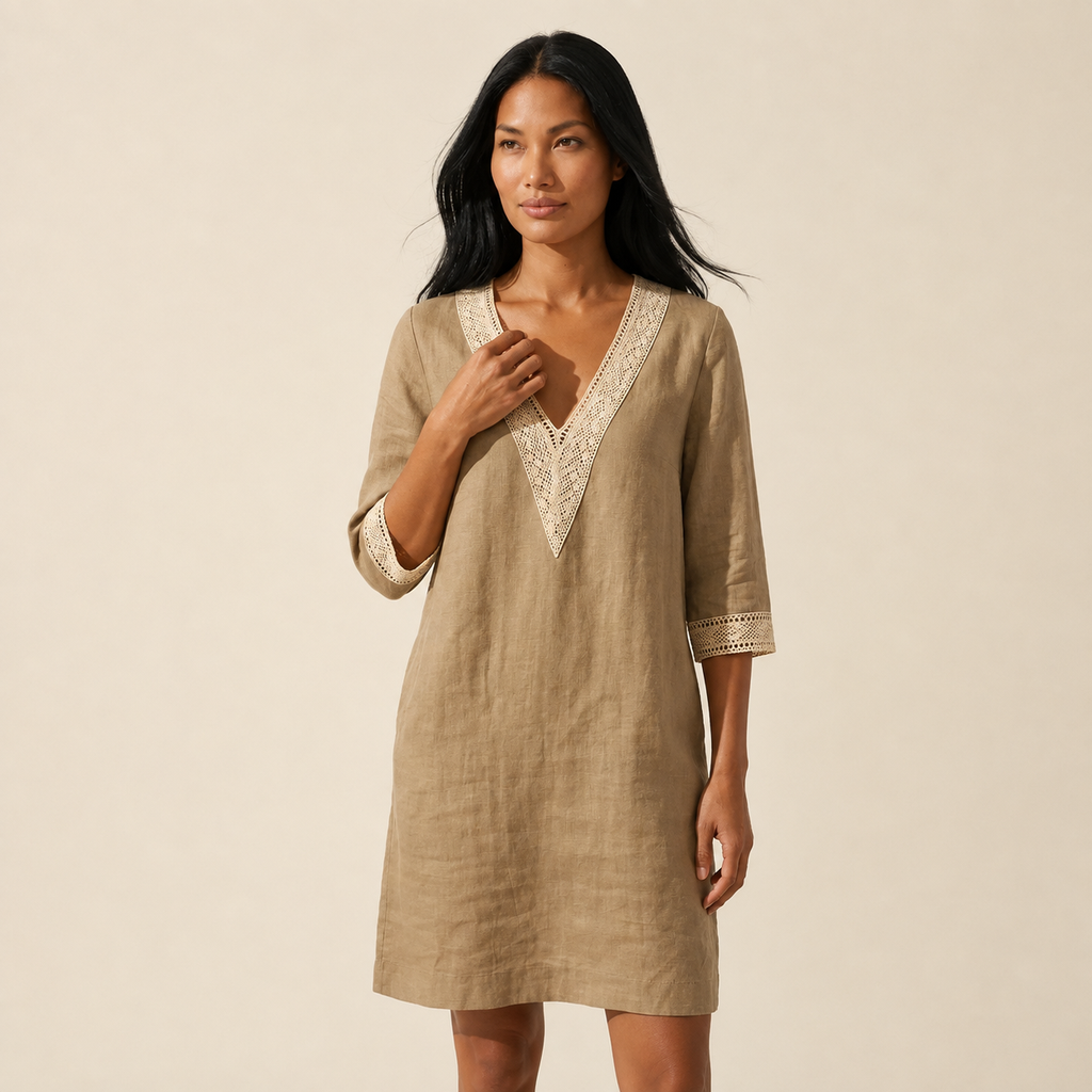 Women's Linen Midi Summer Dress - Breathable & Stylish — Khaki