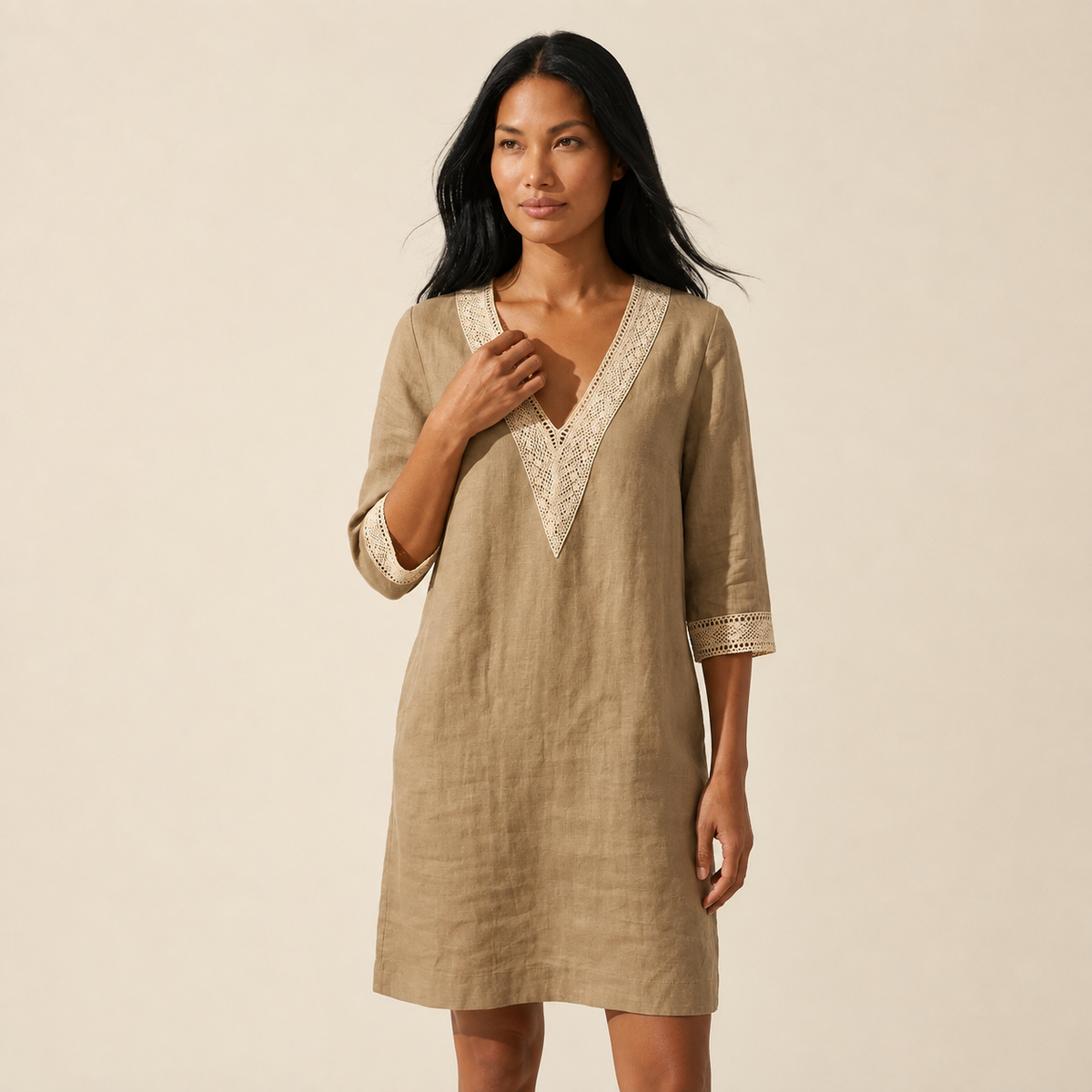 Women's Linen Midi Summer Dress - Breathable & Stylish — Khaki