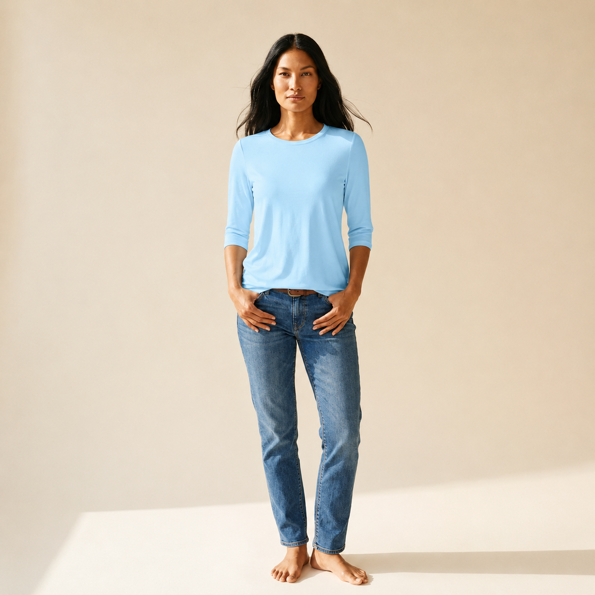 Women's Relaxed Fit Long Sleeve Top | Everyday Round Neck Comfort — Light Blue