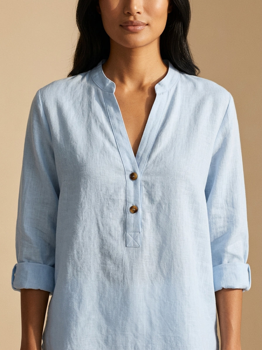 Women's Breathable Linen Blend Blouse - Relaxed Fit Top — Light Blue