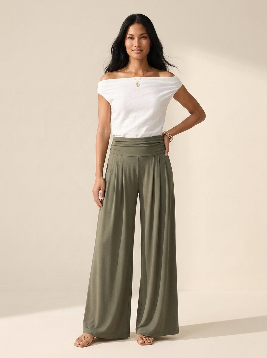 Sandwashed Flowy Palazzo Pants with Pockets | Women's Tucked — Olive