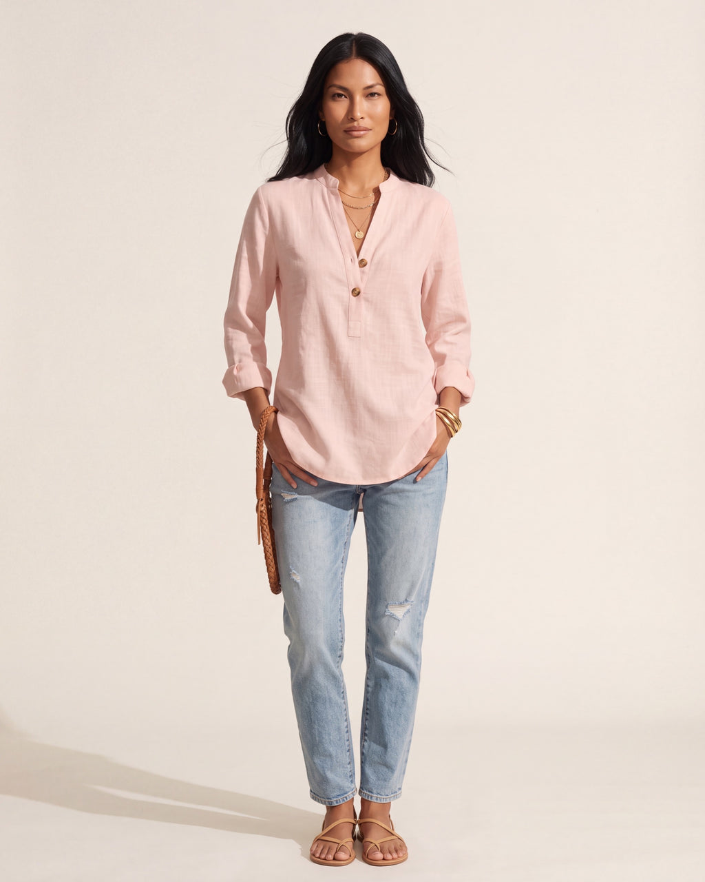 Women's Breathable Linen Blend Blouse - Relaxed Fit Top — Pink