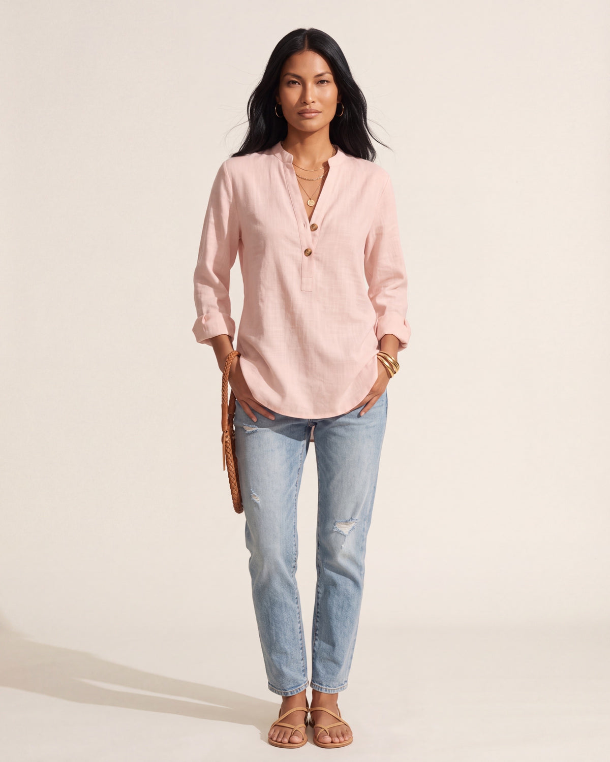 Women's Breathable Linen Blend Blouse - Relaxed Fit Top — Pink