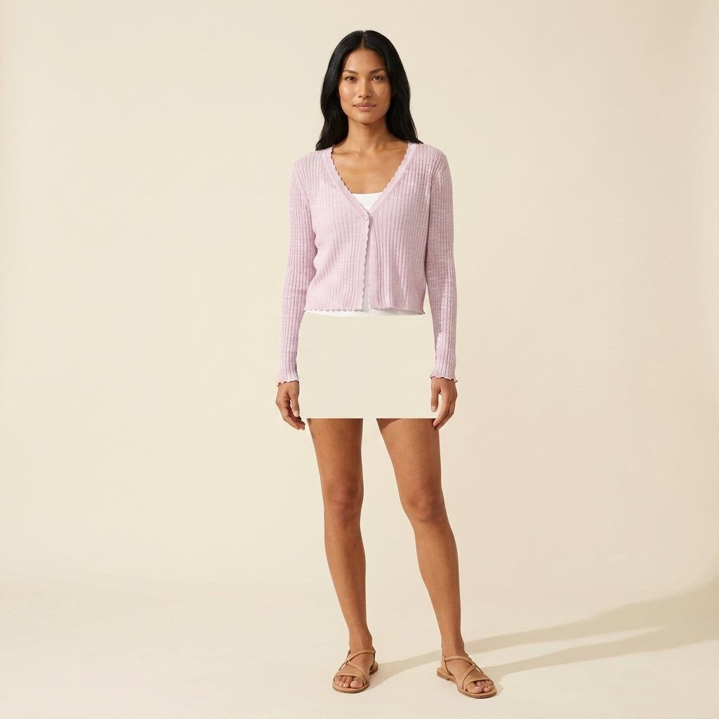 Lightweight Ribbed Knit Button-Up Cardigan for Women — Pink