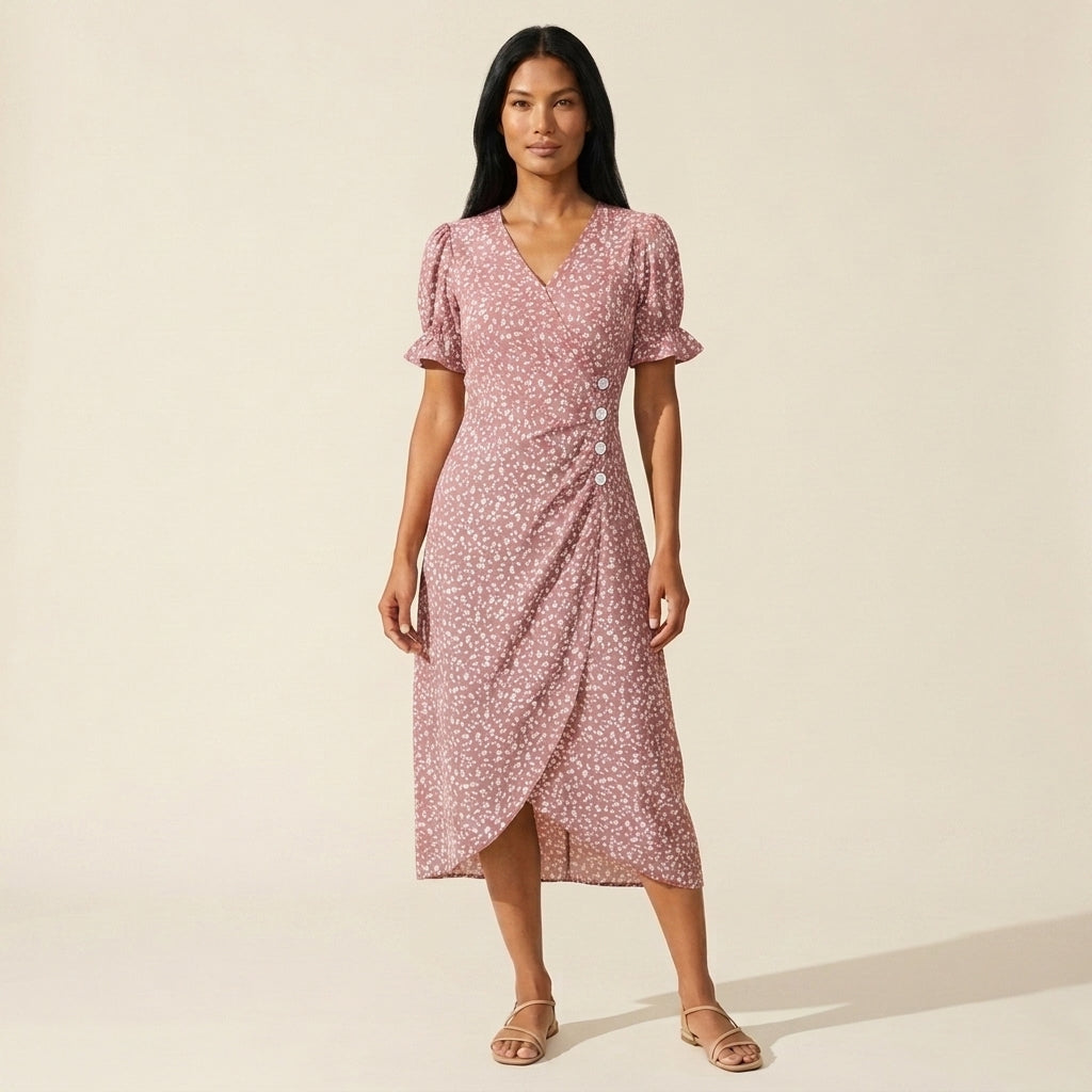 Women's Floral Midi Dress | Elegant V-Neck Summer Style — Pink