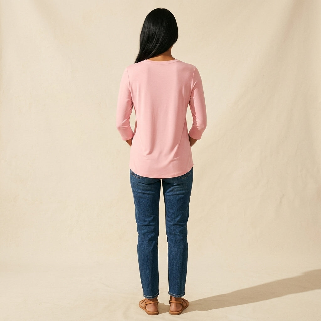 Women's Relaxed Fit Long Sleeve Top | Everyday Round Neck Comfort — Pink