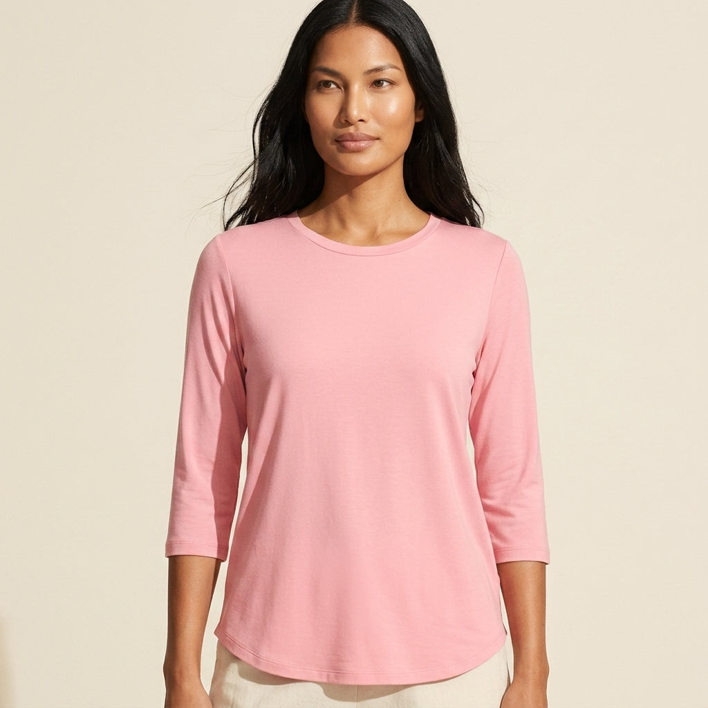 Women's Relaxed Fit Long Sleeve Top | Everyday Round Neck Comfort — Pink