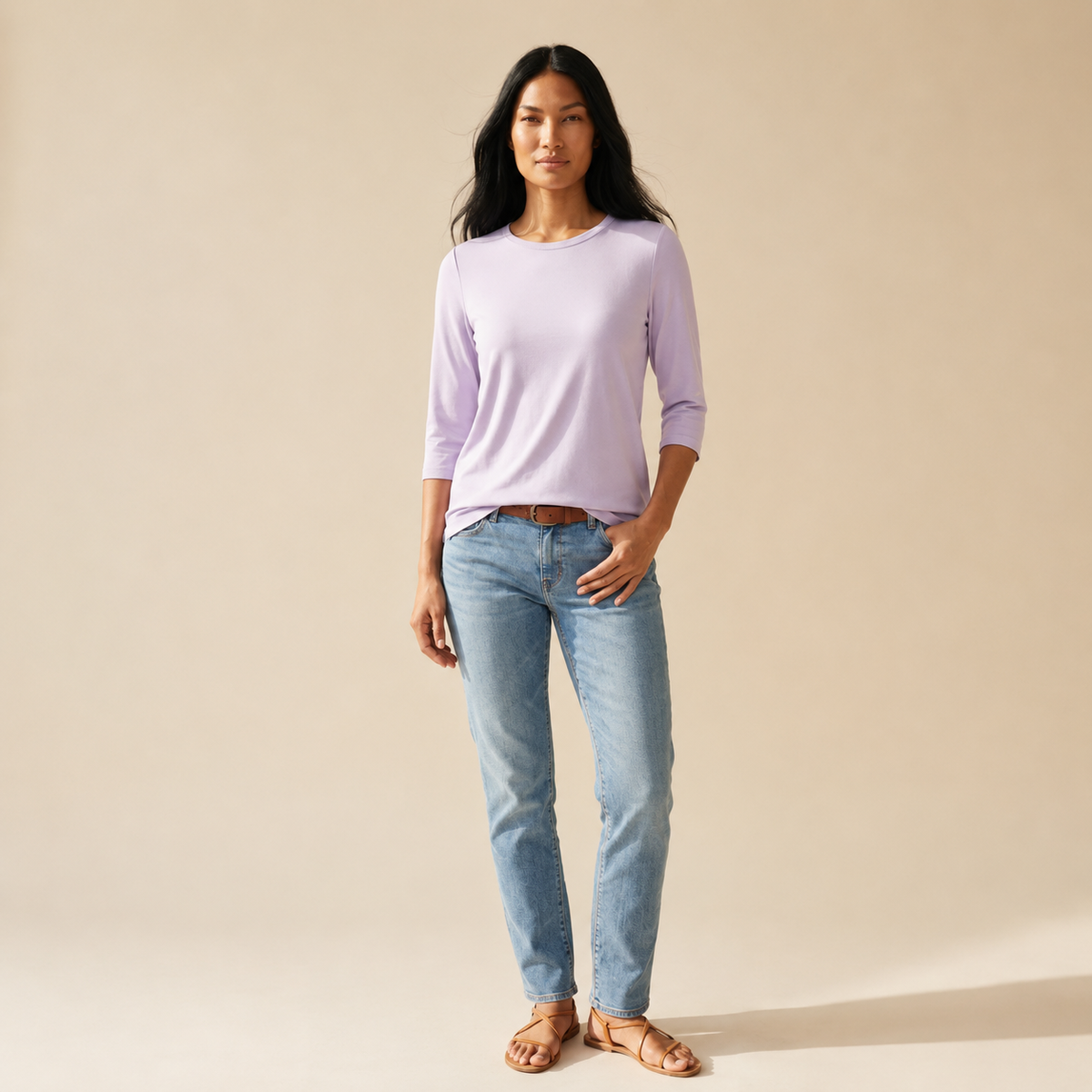Women's Relaxed Fit Long Sleeve Top | Everyday Round Neck Comfort — Purple