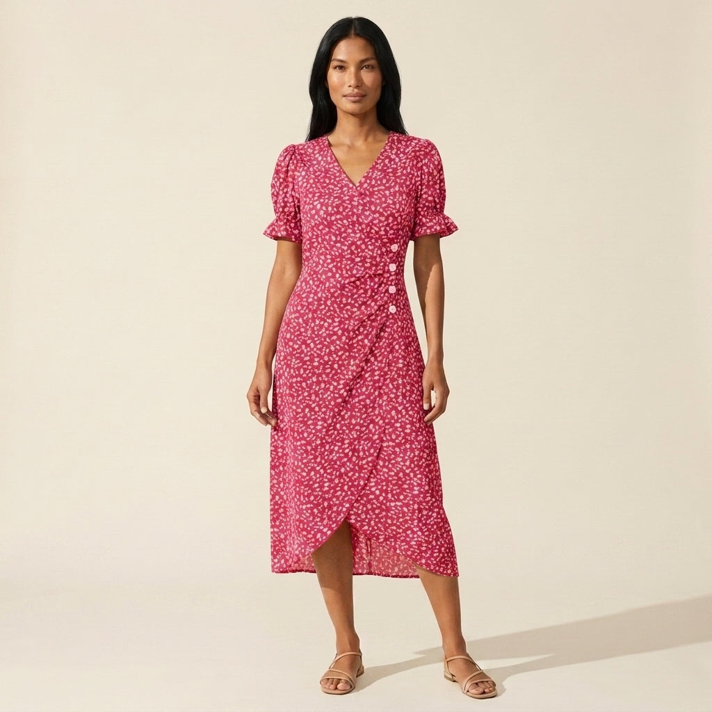 Women's Floral Midi Dress | Elegant V-Neck Summer Style — Red