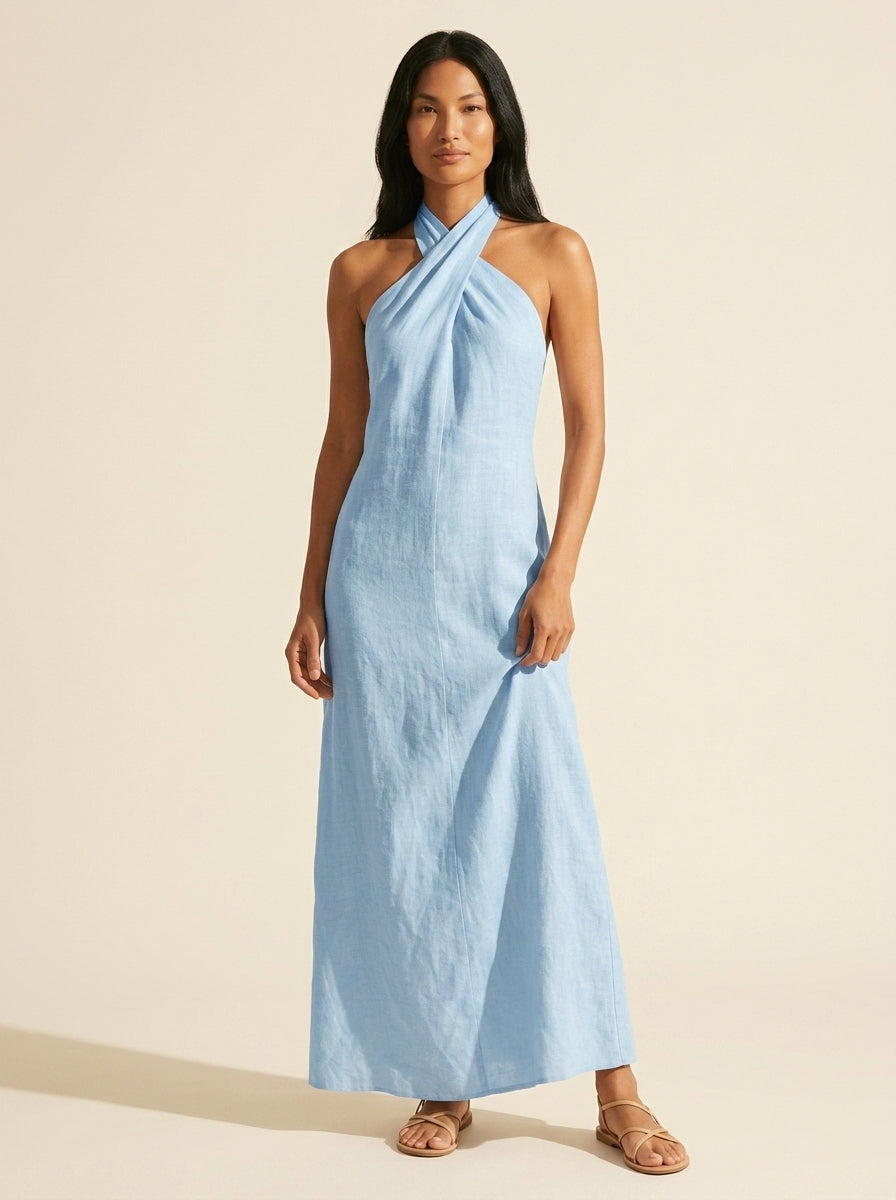 Bohemian Halter Maxi Dress - Flowy Linen Blend Summer Style — Sky Blue