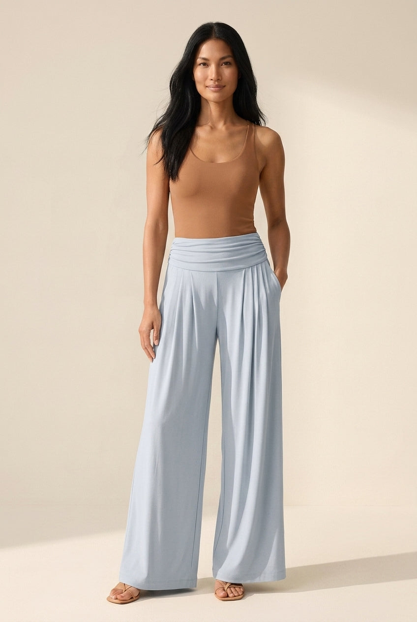Sandwashed Flowy Palazzo Pants with Pockets | Women's Tucked — Smoke Blue