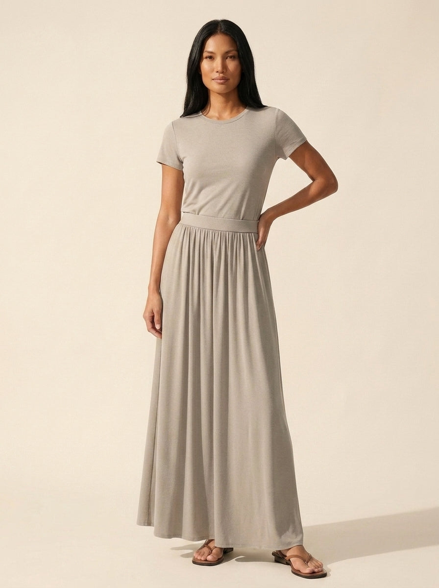 Soft Linen Knit Maxi Skirt: A-Line, Gathered, & Pockets — Smoky Navy