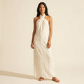 Bohemian Halter Maxi Dress - Flowy Linen Blend Summer Style — White