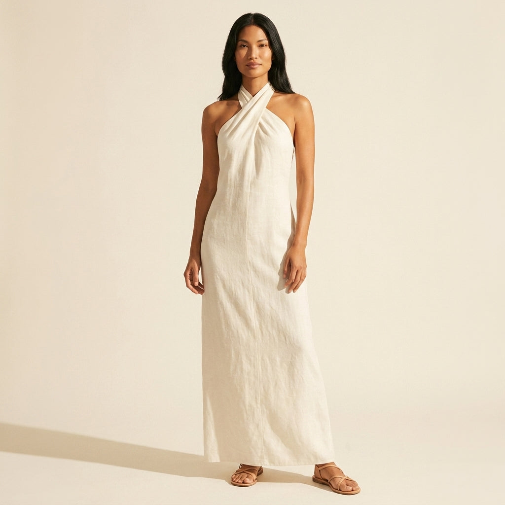 Bohemian Halter Maxi Dress - Flowy Linen Blend Summer Style — White
