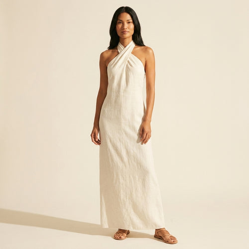 Bohemian Halter Maxi Dress - Flowy Linen Blend Summer Style — White