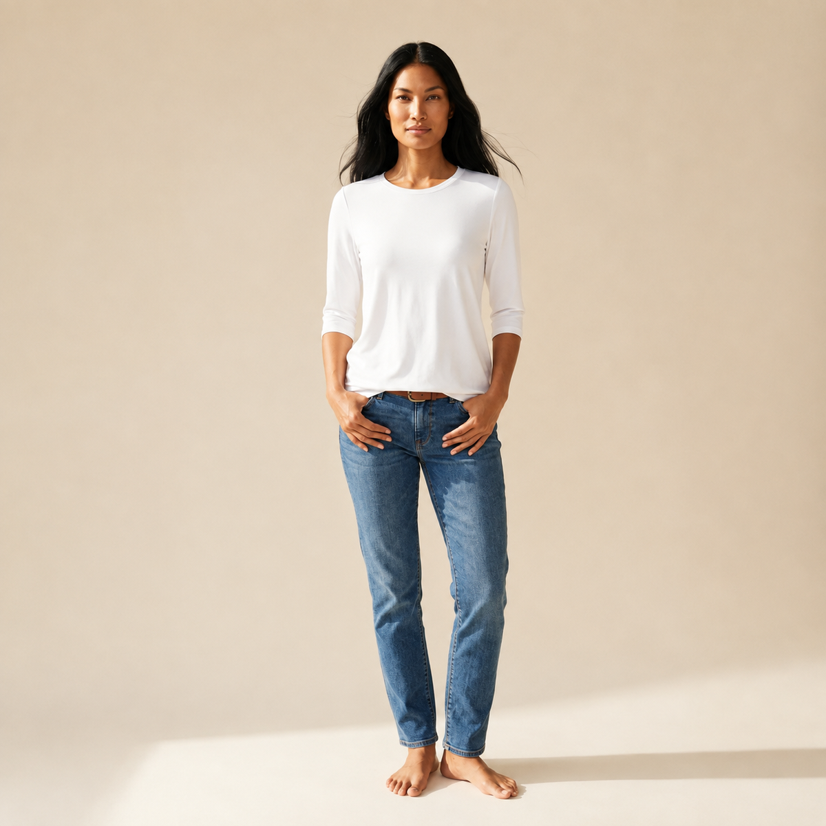 Women's Relaxed Fit Long Sleeve Top | Everyday Round Neck Comfort — White