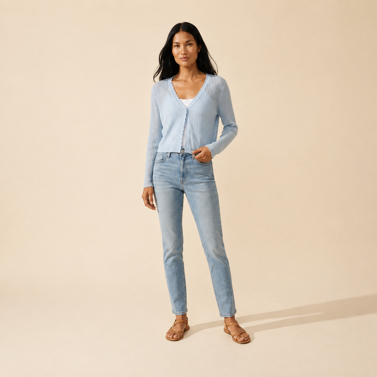 Lightweight Ribbed Knit Button-Up Cardigan for Women — White