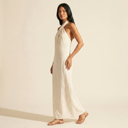 Bohemian Halter Maxi Dress - Flowy Linen Blend Summer Style — White