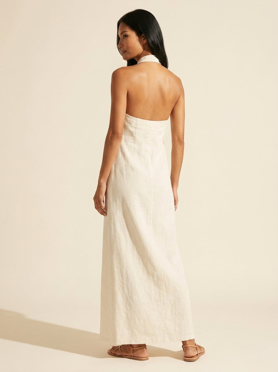 Bohemian Halter Maxi Dress - Flowy Linen Blend Summer Style — White