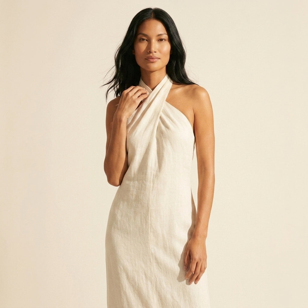 Bohemian Halter Maxi Dress - Flowy Linen Blend Summer Style — White