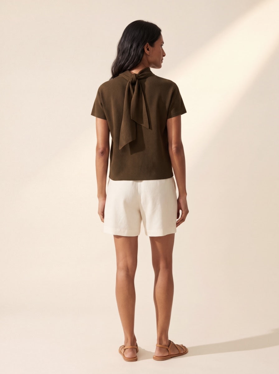 Elegant Scarf-Neck Short-Sleeve Sweater Top | Cotton Silk Blend — Main Model
