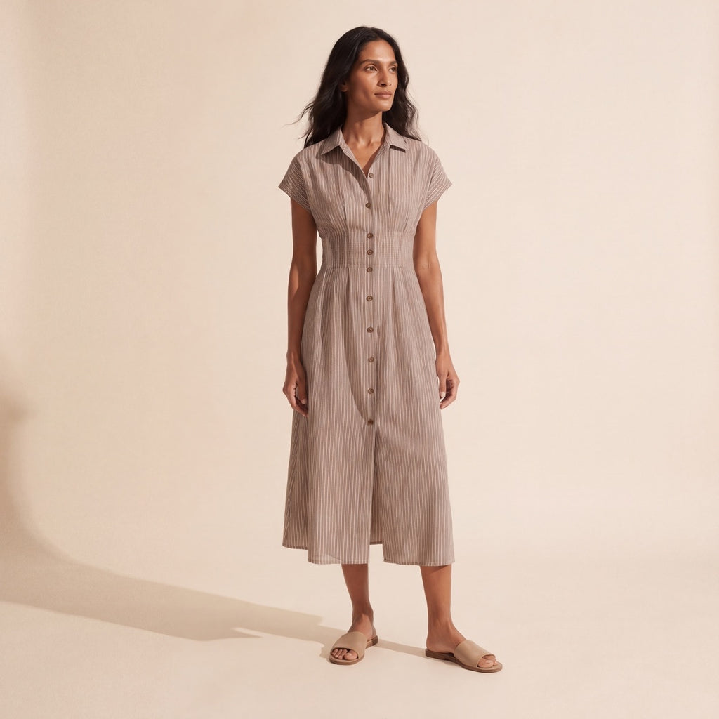 Women's Midi Shirt Dress - Button-Front & Tie-Waist Comfort — Main Model