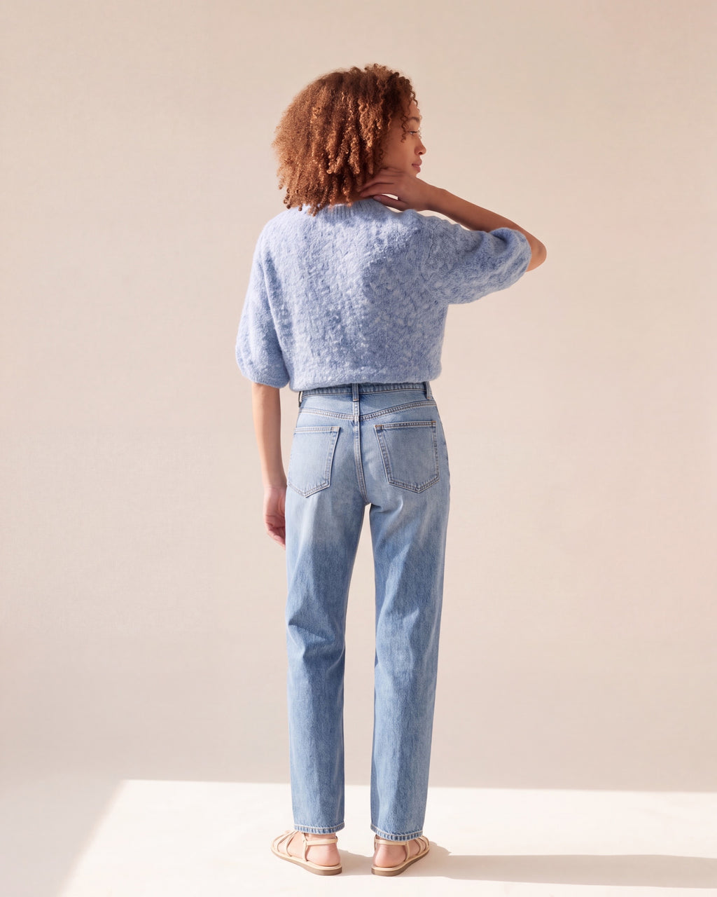 Cozy Heather Denim Balloon Sleeve Knit Sweater — Curly Hair