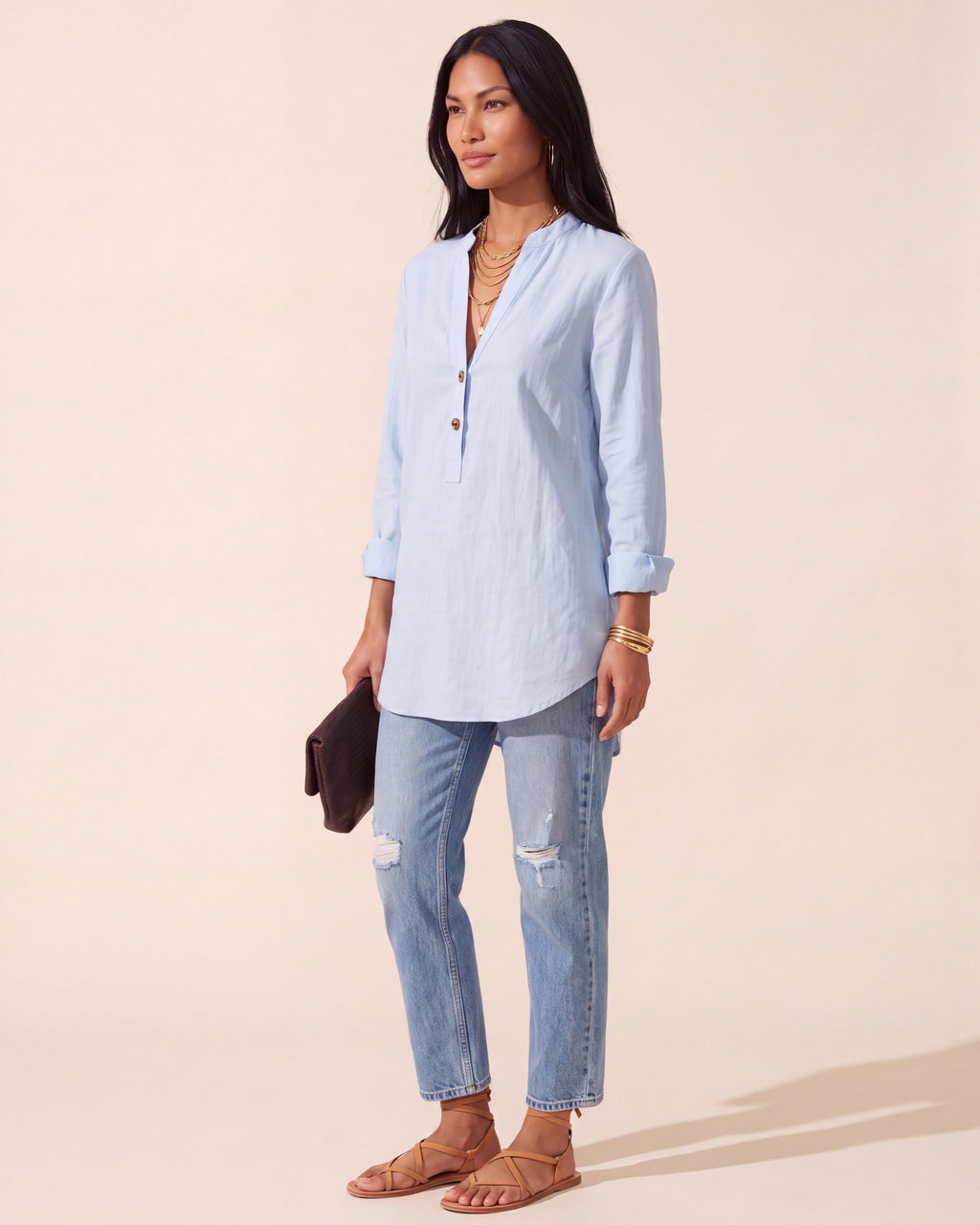Women's Breathable Linen Blend Blouse - Relaxed Fit Top — Light Blue